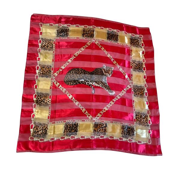 Vintage Leopard‎ Chain Scarf Satin Square Red Gold Animal Print 41” - Picture 1 of 5